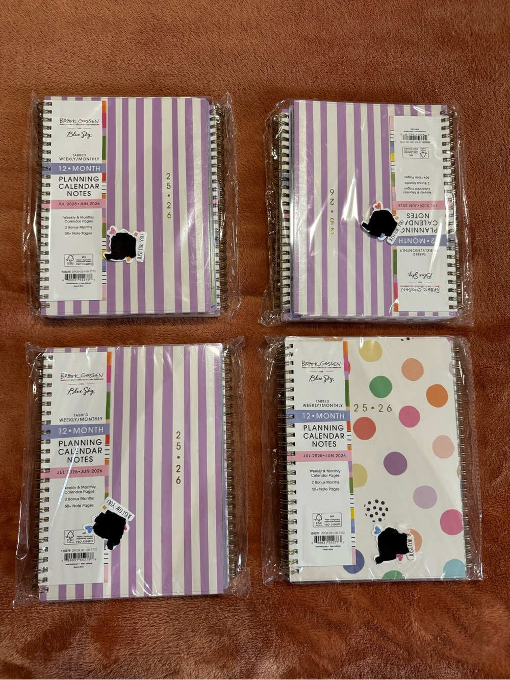 Set of 8 Spiral Planning Calendars - Purple Stripes & Polka Dot 25-26